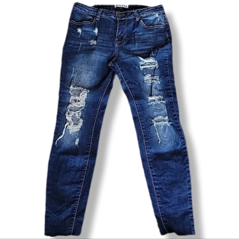 Encore Dark Wash Destroyed Ripped Skinny Mid Rise Stretch Jeans Raw Hem Size 9